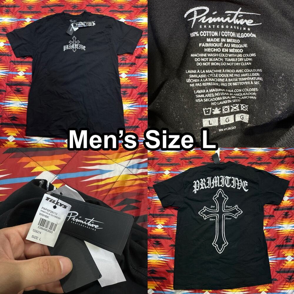 Primitive Skateboards Rhinestones Cross Logo Menβs Size Large Black T-Shirt